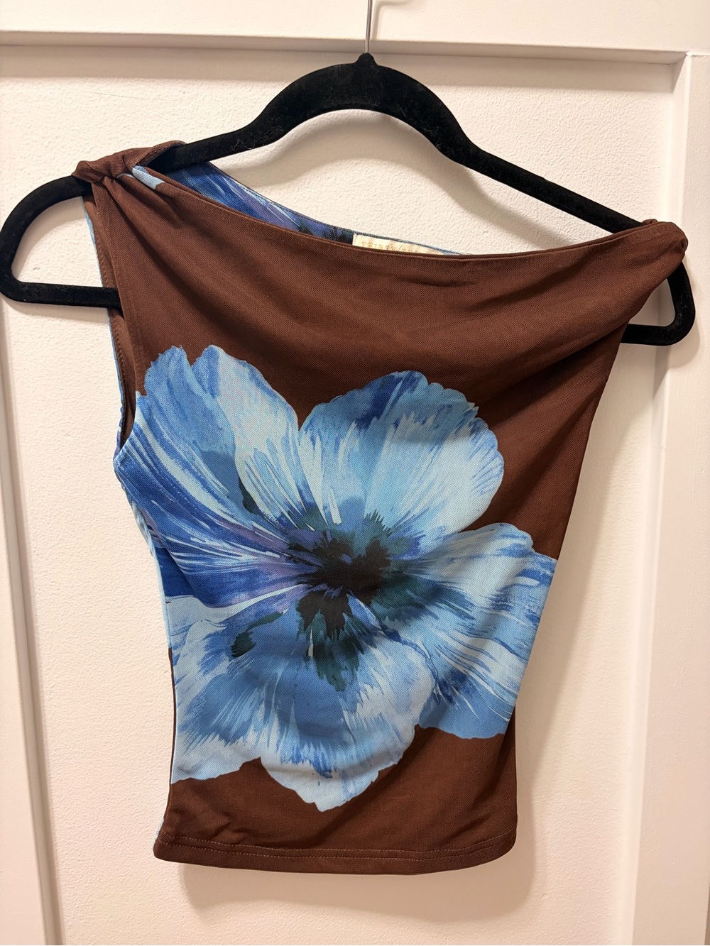 Brown One-Shoulder Floral Top with Blue Bloom
